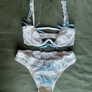 For Love & Lemons White Eyelet Bra with Pale Blue Ribbon